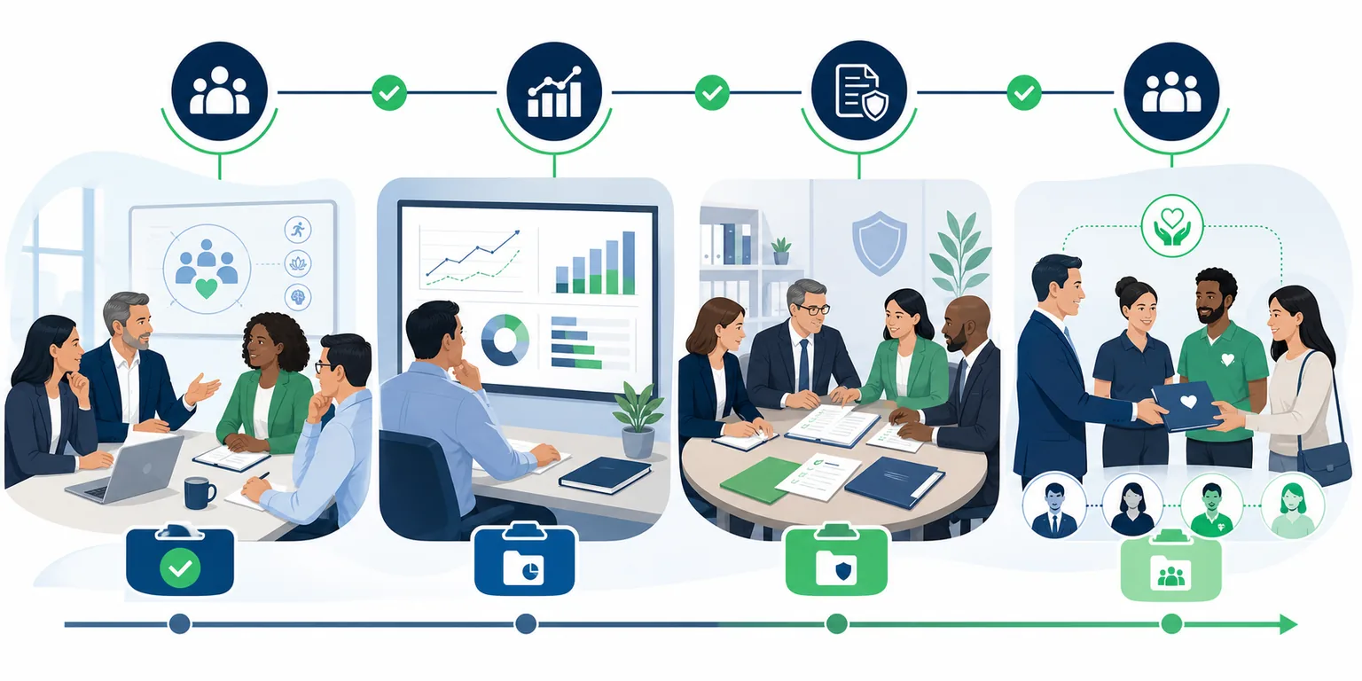 An employer reviewing workforce information, payroll estimates, plan documents, and implementation requirements