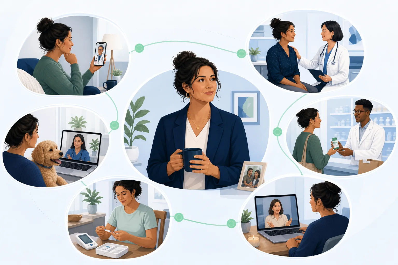 An employee connected to virtual primary care, an in-person clinician, a pharmacy, counseling, health monitoring, family care access, and virtual veterinary guidance